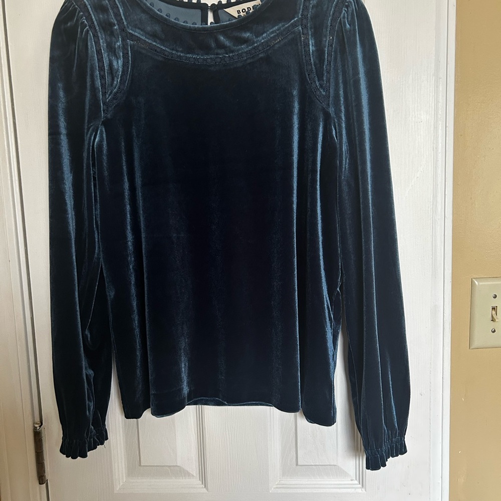 Boden Deep Teal Velvet Long Sleeve Top